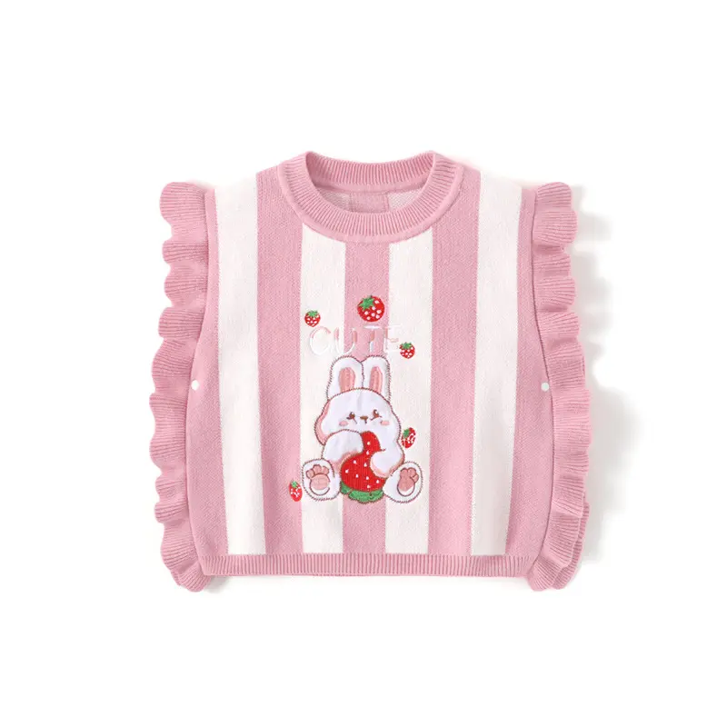 Spring toddler girls children top vest rabbit embroidery cute bunny ruffle trim fashion kids sweaters