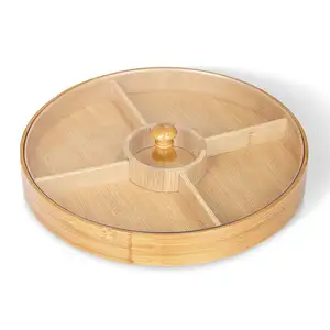 Round 4 Compartment Bamboo Snacks Candy Dried Fruit Storage Box With Acrylic Lid Serving Tray For Snack Nuts