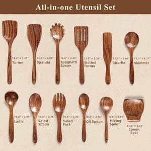 Set di 12 Utensili da Cucina in Legno di Teak con Poggiacucchiaio, Antiaderenti e Resistenti al Calore, Set di Spatole Naturali e Salutari per <span class=keywords><strong>Pentole</strong></span> e Padelle - Product Image 4