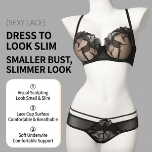 Conjunto de lencería de sujetador minimizador estilo francés para mujer, push-up con soporte lateral, aros suaves, encaje bordado, recortes, fino y transpirable - Product Image 1