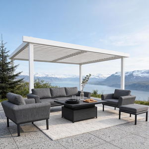 Ensemble de conversation scandinave pour l'extérieur avec structure en aluminium, coussins personnalisables et table basse relevable pour terrasse en bord de lac de style nordique - Product Image 1