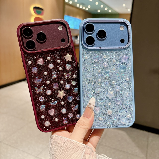 Fashion Glitter Diamond Phone Case for iPhone Air 16 15 14 13 17 18 Pro Max Bling Pearls Rhinestones DIY Pretty Girly Gift Cover