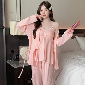 Ensemble pyjama pour femmes avec coussinets de soutien-gorge, manches longues, style kimono, à nouer sur le devant, en coton, vêtements de maison pour jeunes femmes, printemps-automne - Product Image 2