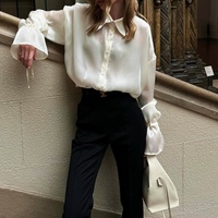 Premium Feeling Tie Satén Camisa de manga larga Cárdigan de mujer de un solo pecho Tops Moda
