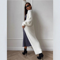 Herbst Winter Atmungsaktiver Langer Cardigan Damen Kunstnerz Weißer Strick Oversize Pullover Mantel Maxi V-Ausschnitt Lässig Locker Polyester
