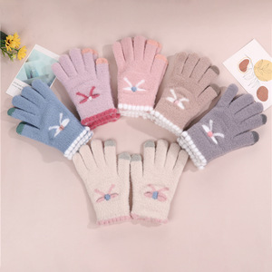 Gants d'hiver pour femmes, doublés polaire, coupe-vent, compatibles écran tactile, chauds, mignons, en peluche tricotée, à doigts entiers, avec nœud papillon, en acrylique/coton - Product Image 1