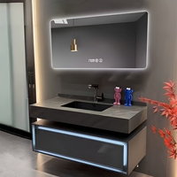 Meuble-lavabo mural de luxe minimaliste avec miroir pliant et évier intégré, finition sans peinture