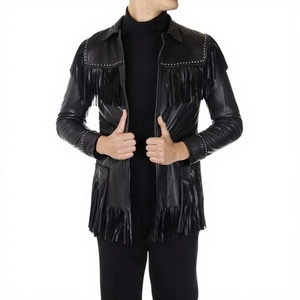 Chaqueta de Moto para Hombre, de Piel de Vaca Ecológica, con Flecos, Cuello Alto, Cierre de Cremallera, Largo Regular, para Invierno - Product Image 1