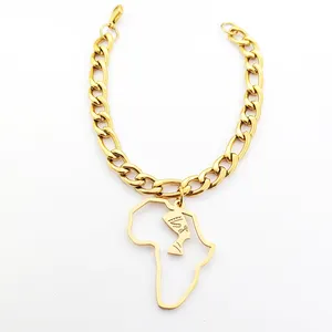 18K Gold Plated Latest Egyptian Queen Nefertiti Bracelet Stainless Steel Minimalist Africa Map Pendant Bracelet African Jewelry