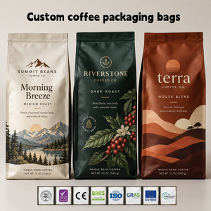 Sac à café personnalisé imprimé à fond plat avec valve <span class=keywords><strong>de</strong></span> dégazage unidirectionnelle et fermeture éclair, 250g 500g 1kg, sac d'emballage alimentaire pour café - Product Image 1