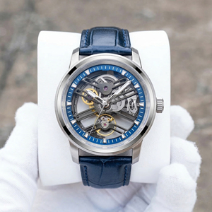 Montre mécanique automatique personnalisée OEM ODM avec logo, mouvement squelette transparent, acier inoxydable 316L, bracelet en cuir bleu - Product Image 1