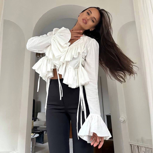 <span class=keywords><strong>Top</strong></span> e Camicette da Donna Bianche Casual con Volant e <span class=keywords><strong>Maniche</strong></span> <span class=keywords><strong>Lunghe</strong></span> Svasate con Lacci, Abbigliamento Estivo Donna 2026, <span class=keywords><strong>Crop</strong></span> <span class=keywords><strong>Top</strong></span> Donna - Product Image 1