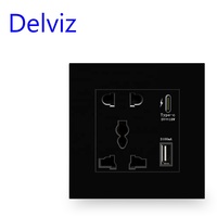 Prise de courant universelle internationale Delviz 13A, panneau sans logo, prise murale simple, port USB 5V, prise de charge rapide 18W Type C