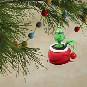 悬挂3D绿色怪物吊坠2023快乐格林奇马斯树脂圣诞树摆件