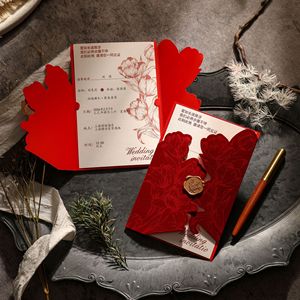 Carte d'invitation de <span class=keywords><strong>mariage</strong></span> de luxe en velours rouge <span class=keywords><strong>bordeaux</strong></span>, découpée au laser, avec sceau de cire doré - Product Image 4