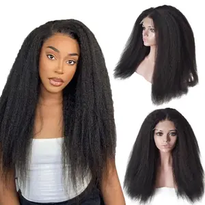 Kinky Straight Wig Human Hair Lace Front Afro Kinky Straight 5x5 Lace Frontal Wig Baby Hair Natural Hairline Coarse Yaki Wigs