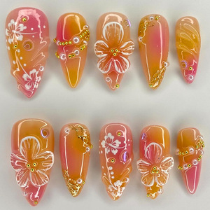 24 faux ongles en ABS à couverture complète, écologiques, motif floral 3D, à presser, pour salon de manucure, avec colle - Product Image 1