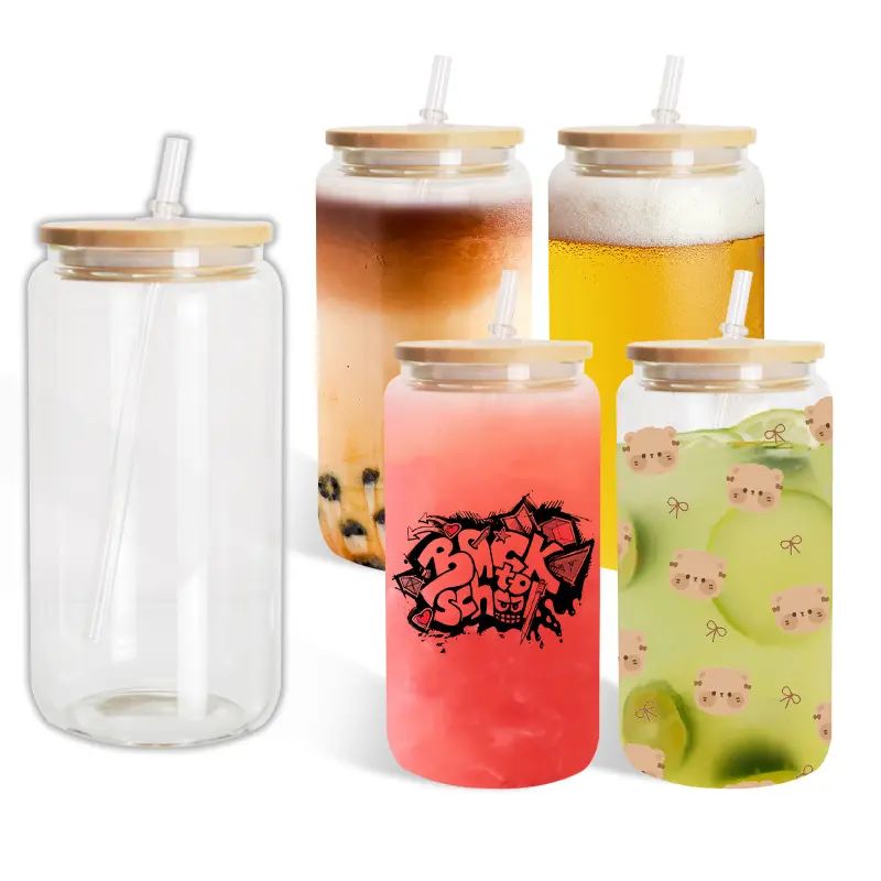 USA WAREHOUSE RTS stocked 12oz 16oz 25oz Clear Frosted Soda Pop Shaped Sublimation Beer Jar Glass Can cup Glass with Straw Lid