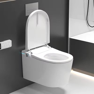 Cuvette de toilettes murale allongée moderne de 58 cm en céramique sans bride avec télécommande, siphon en P, siège à fermeture douce et gain de place - Product Image 4