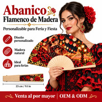 Éventail en bois de flamenco de 23 cm de haute qualité, motif rose dorée, pour danseuse, idéal pour la feria et la fiesta espagnoles