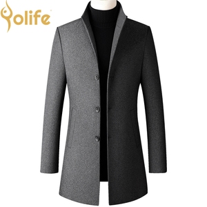 Yolife New Style Solid Men Long Wool Coat Slim Fit Wine Red <strong>Black</strong> Navy Blue Gray <strong>Overcoat</strong> - Product Image 4