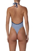 Maillot de bain une pièce pour femme en tissu recyclé OEM, à rayures, col halter, décolleté carré, dos ouvert, coupe haute, monokini, tenue de plage