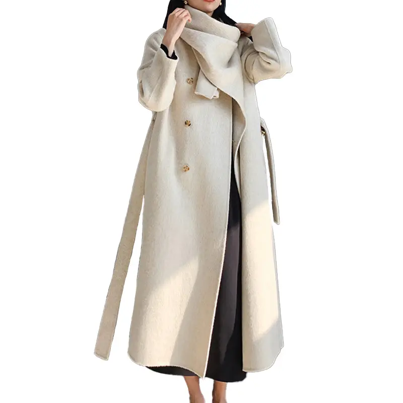 Mantel wol wanita elegan, mantel kasmir ukuran besar kualitas tinggi dengan syal musim dingin