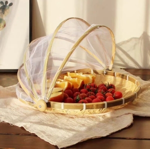 Giỏ đựng thức ăn bằng tre Giỏ dã ngoại tròn chống bụi dệt có lưới che cho rau củ - Product Image 3