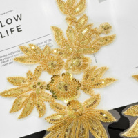 Appliques florales en sequins dorés, broderie de fleurs perlées à la main, patch en dentelle pour accessoires de col de robe