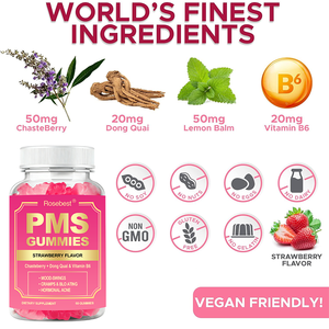 Compléments alimentaires naturels à la saveur de fraise Rosebest pour l'équilibre hormonal féminin, à base de plantes, avec du chasteberry, du dong quai et de la vitamine B6, en forme de gommes pour les troubles du cycle menstruel (PMS) - Product Image 2