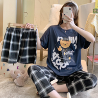 Piyama Sutra Susu Musim Semi Termurah 3pcs Set Motif Kartun Lengan Pendek Kerah Bulat + Celana Panjang Santai untuk di Rumah