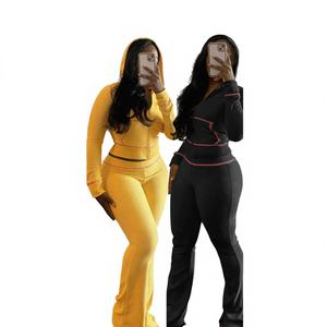 Womens Solid Casual Sportswear 2-Piece Set Zipper Jacket & Flared <b>Lace</b> <b>Trim</b> <b>Leggings</b> Eco-Friendly Breathable Activewear - Product Image 1