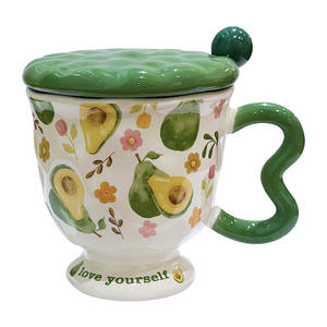 แก้วเซรามิก Zuo Mu พร้อมฝาและช้อน ลายผลไม้เพ้นท์มือ ทนความร้อน แก้วกาแฟสำหรับออฟฟิศ ของขวัญสำหรับสาวๆ - Product Image 2