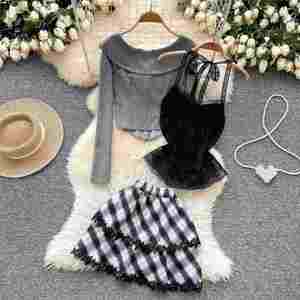 Y2K Autumn Solid Woven Eco-Friendly <b>Sexy</b> 3 Piece <b>Set</b> for Women Halter Short Tube Top and Lace Skirt Clothing Wholesale - Product Image 2