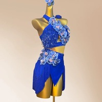 Robe de performance pour adulte de danse latine, imprimé floral, avec diamants et pompons, 100% polyester, style kits