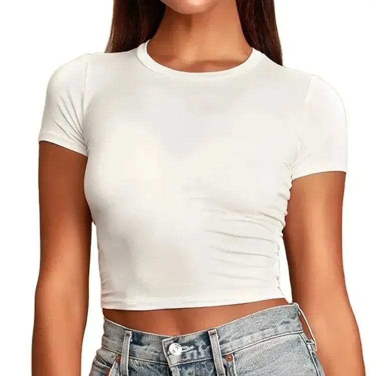 Wholesale Slim Short-sleeve Short T-shirt Tight Knit Clothes Ladies White Summer Crop Top Woman