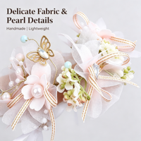 Corsage Pergelangan Tangan Mawar Putih Pink Real Touch Buatan, Pita Renda dengan Daun Campuran, Kit Bunga untuk Pengiring Pengantin dan Pengantin Wanita di Pernikahan