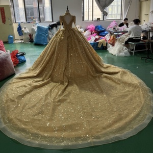 Robe de soirée de luxe Jxs14 moderne, style royal, grande taille, avec appliques en cristal, dorée, coupe princesse, pour Quinceañera, avec traîne chapelle - Product Image 3