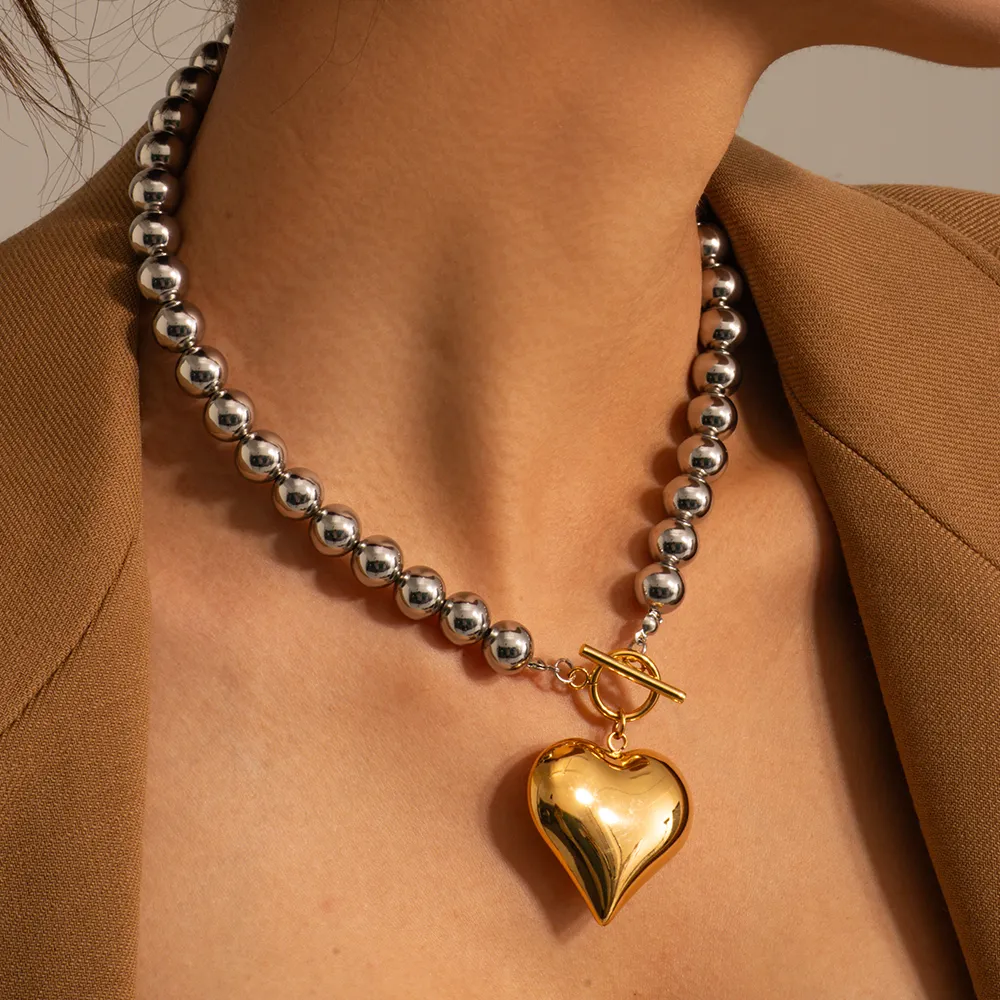 Kadınlar için moda takı paslanmaz çelik tıknaz kalp şekli boncuklu kolye zinciri Punk kalp kolye