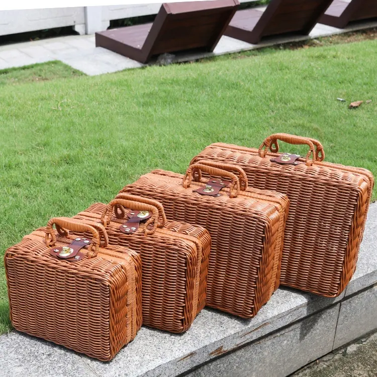 Vintage Weaved Picnic Basket Stackable Soft Rectangular Woven Storage Plastic Rattan Suitcase with Lid
