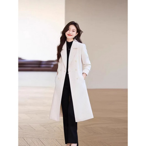 Women's Grey Wool Trench Coat Mid Length Slim Fit Winter Overcoat With Pocket Houndstooth Pattern - Product Image 3