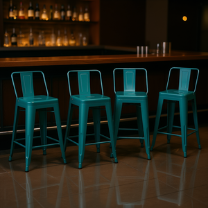 Set di 4 sgabelli da bar in metallo Rayne, 24 pollici, colore blu verde acqua, mobili da bar moderni e durevoli in stile industriale - Product Image 2