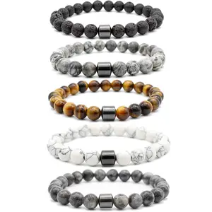 Pulseira de contas de lava personalizada, venda quente de pulseira de pedra natural de esticar magnética 8mm, bracelete com contas para casal