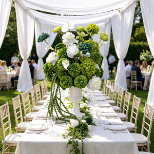 Boule de fleurs d'hortensia vert <span class=keywords><strong>et</strong></span> <span class=keywords><strong>blanc</strong></span> de 50 cm de diamètre avec des feuillages suspendus pour les centres de <span class=keywords><strong>table</strong></span> de <span class=keywords><strong>mariage</strong></span>, décoration florale - Product Image 1