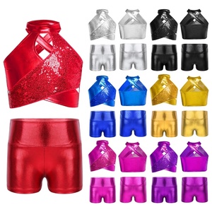Girls Two Piece Dance Outfit Halter <b>Crop</b> <b>Top</b> <b>Sequin</b> Metallic Crisscross High Waist Shorts Sets Cheer Gymnastics Costume Custom - Product Image 1