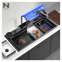 11550 Undermount Multifonctionnel Double Bol Cascade Évier De Cuisine Noir Nano Évier De Cuisine Étagé Avec Machine À Laver Les Fruits