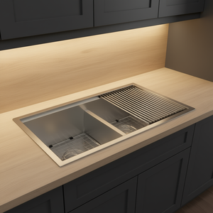 Évier de cuisine sous plan 30x19x10 à double bac 50/50 en acier inoxydable nickel brossé, design ferme - Product Image 2