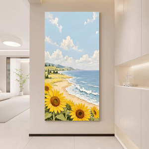 Peinture à l'huile peinte à la main, fleurs au bord de la mer, effet 3D, art suspendu en bois sans cadre pour la décoration d'entrée et de couloir - Product Image 2