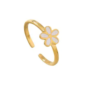 2401 zhongqi opening titanium steel ring female welding brand black and white oil small Daisy flower adjustable stainless jewel