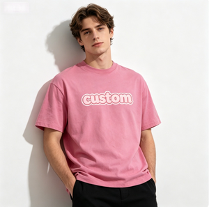 Men's Pink O-Neck <b>Short</b> <b>Sleeve</b> T-Shirt With Custom Letter Print Regular Fit Casual Jersey Cotton - Product Image 1